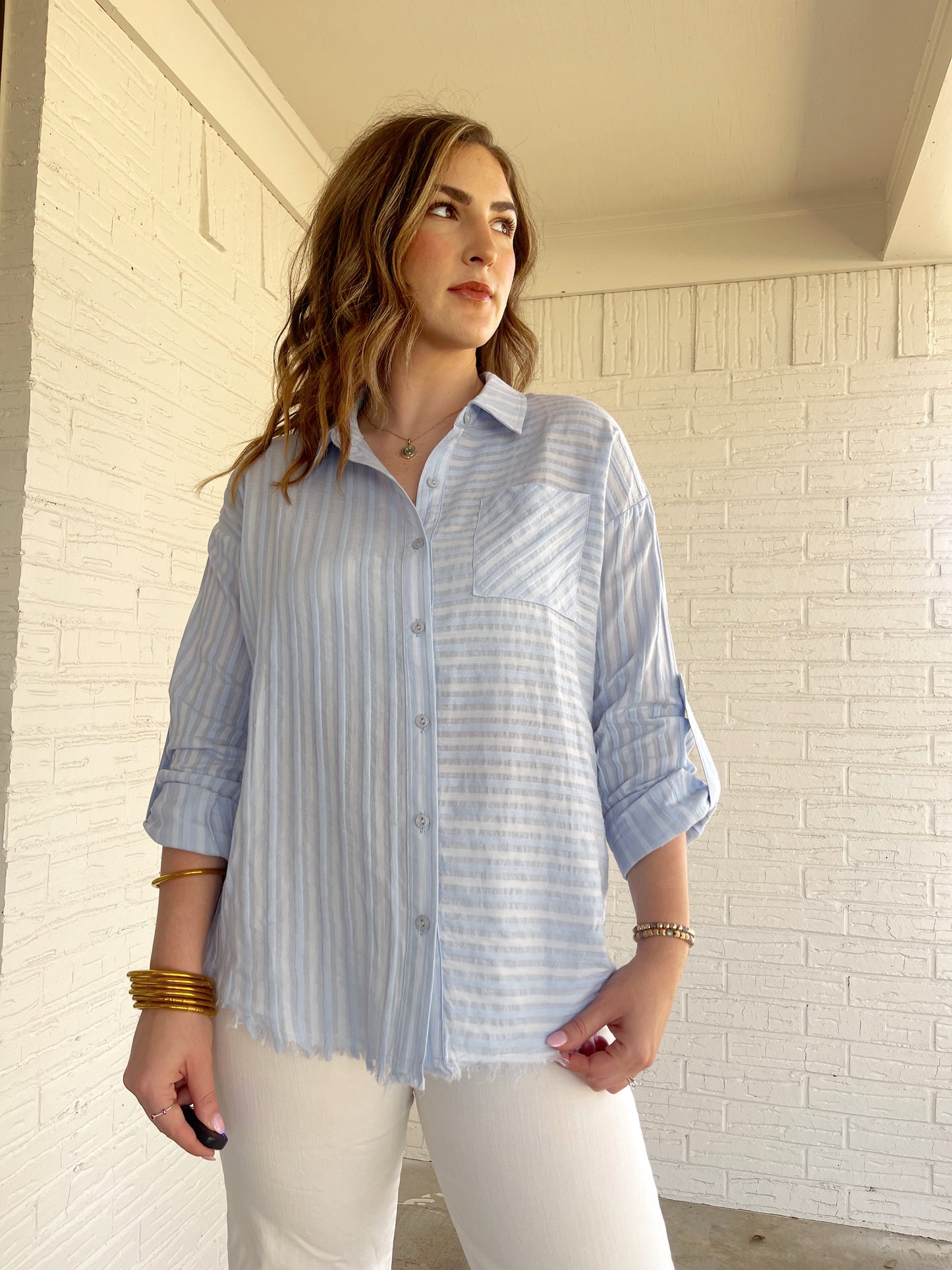 Nice and Breezy Blue Button Down Blouse